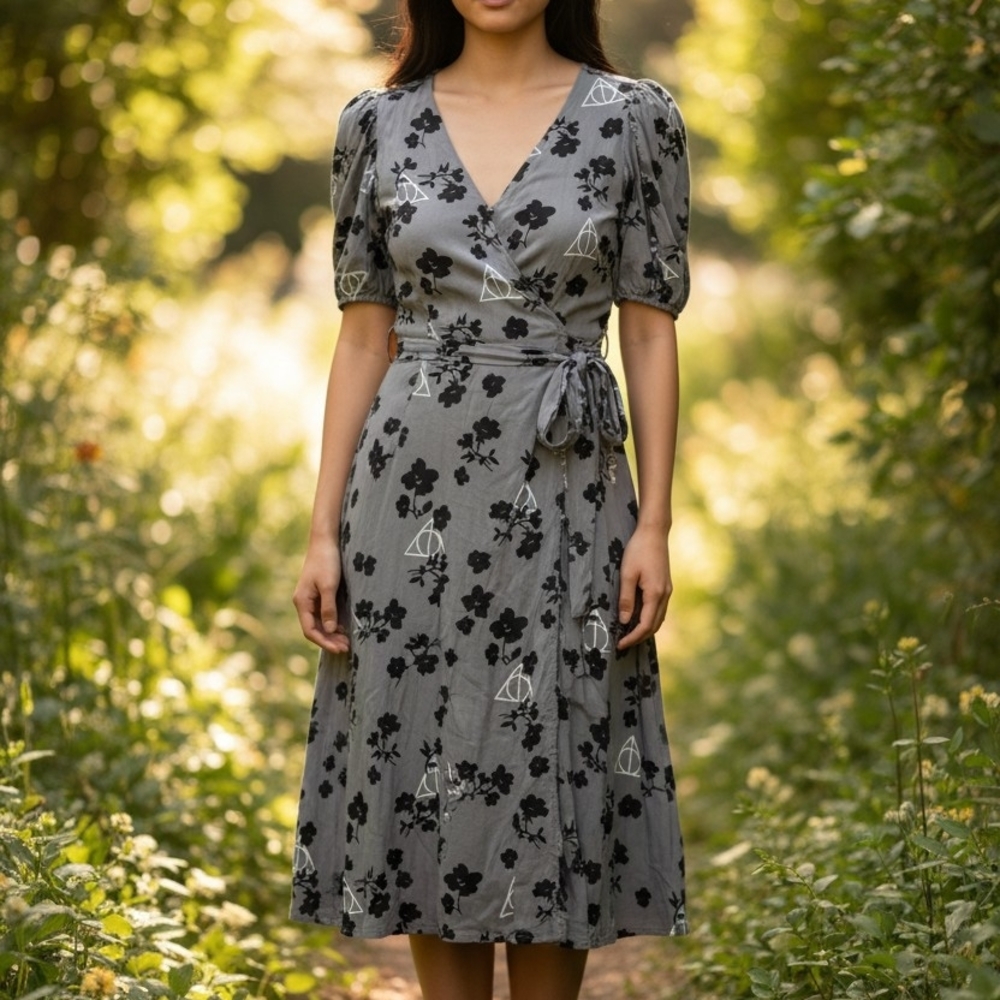 Warner Bros. Gray Floral Midi Wrap Dress with Puff Sleeves